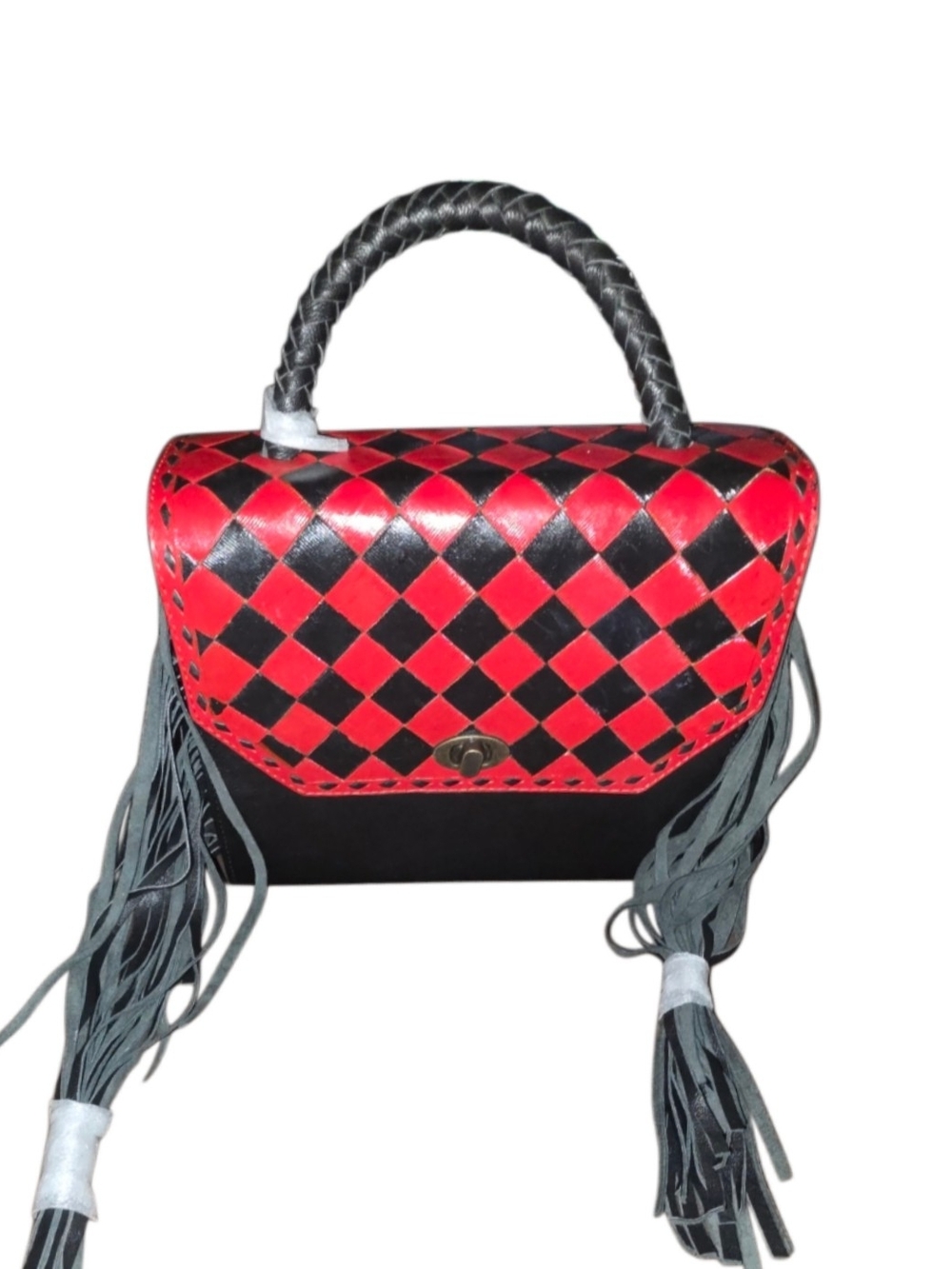 Brand New - Red and Black Checkered Top-Handle Fringe Satchel Bag